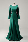 Agave A-Line Round Neck Satin Long Bridesmaid Dress with Long Sleeves