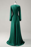Agave A-Line Round Neck Satin Long Bridesmaid Dress with Long Sleeves