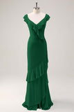 Dusty Sage Sheath V Neck Chiffon Long Bridesmaid Dress with Ruffles