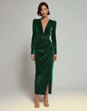Olive Velvet V Neck Bodycon Midi Formal Dress