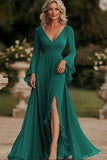 Dark Grey A Line Wrap Long Sleeves Ruffled Chiffon Mother of the Bride Dress