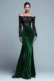 Black and Burgundy Velvet Mermaid Long Sleeve Lace Formal Dress