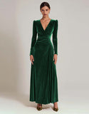 Olive Velvet Long Sleeve A Line Formal Dress