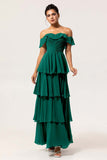 A-Line Off The Shoulder Tiered Ruched Chiffon Long Eucalyptus Bridesmaid Dress