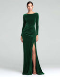 Burgundy Velvet Long Sleeve Holiday Party Dress with Slit
