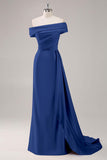 Champagne Mermaid Off the Shoulder Satin Evening Dress with Streamer