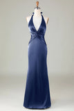 Dark Green Halter V Neck Open Back Satin Mermaid Long Bridesmaid Dress