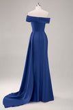 Champagne Mermaid Off the Shoulder Satin Evening Dress with Streamer