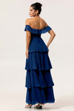 Dusty Blue A-Line Off The Shoulder Tiered Pleated Chiffon Long Bridesmaid Dress
