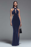 Halter Velvet Dark Green Mermaid Formal Dress with Slit