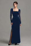 Velvet Black Long Slit Formal Dress with Long Sleeves