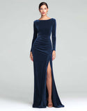 Burgundy Velvet Long Sleeve Holiday Party Dress with Slit