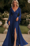Dark Grey A Line Wrap Long Sleeves Ruffled Chiffon Mother of the Bride Dress