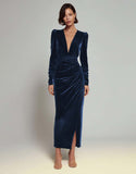 Olive Velvet V Neck Bodycon Midi Formal Dress