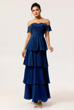Dusty Blue A-Line Off The Shoulder Tiered Pleated Chiffon Long Bridesmaid Dress