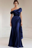 Grey Blue One Shoulder Satin Ruched Formal Dress with Ruffles