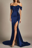 Black Mermaid Satin Off the Shoulder Evening Dress with Slit