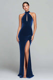 Halter Burgundy Velvet Mermaid Formal Dress with Slit
