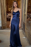 Spaghetti Straps Satin Sheath Black Long Formal Dress