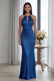 Halter Sky Blue Cut Out Mermaid Evening Dress
