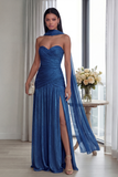 Strapless Ruched A Line Dusty Sage Evening Dress with Slit