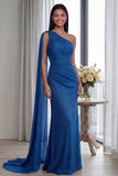 Navy One Shoulder Ruched Memaid Evening Dress