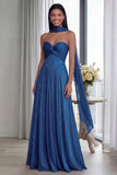 Strapless Sky Blue Ruched A Line Evening Dress