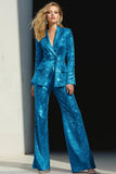 Silver Sequined Peak Lapel Women Prom Suits With Sash