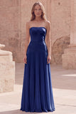 Yellow Strapless A Line Pleated Prom Dress with Appliques