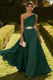 One Shoulder Olive A Line Long Wedding Guest Dress