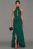 Black Halter Long Evening Dress With Ruffle Slit