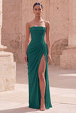 Light Pink Strapless Ruched Sheath Prom Dress with Slit