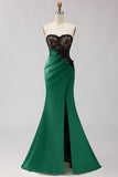 Black Green Mermaid Strapless Lace Ruched Long Prom Dress With Slit