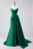Royal Blue A Line Beaded Strapless Ruched Long Prom Dress with Slit