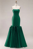 Mermaid Fuchsia Satin Strapless Long Prom Dress with 3D Flowers