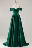 Blue Off the Shoulder A Line Satin Bridesmaid Dress
