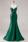 Mermaid Satin Fuchsia Ruched Spaghetti Straps Long Prom Dress with Slit