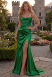 Burgundy Mermaid Spaghetti Straps Satin Long Prom Dress