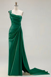 One Shoulder Green Ruched Satin Sheath Long Prom Dress with Slit
