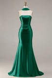 Strapless Mermaid Champagne Beaded Satin Long Prom Dress with Ribbon
