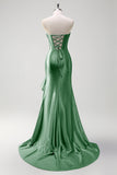 Sparkly Grey Blue Mermaid Ruffled Corset Strapless Satin Long Prom Dress with Slit