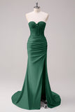 Dark Green Mermaid Strapless Ruched Corset Long Prom Dress with Slit