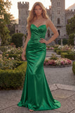 Sweetheart Mermaid Burgundy Ruched Satin Long Prom Dress