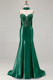 Blue Mermaid Corset Sweetheart Convertible Satin Long Prom Dress with Streamer