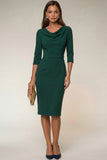 Navy 3/4 Sleeves Cowl Neck Pencil Midi Work Dress