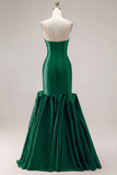 Mermaid Fuchsia Satin Strapless Long Prom Dress with 3D Flowers