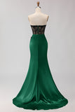 Black Green Mermaid Strapless Lace Ruched Long Prom Dress With Slit