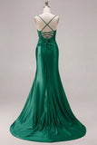 Mermaid Satin Fuchsia Ruched Spaghetti Straps Long Prom Dress with Slit