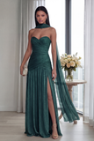 Strapless Ruched A Line Dusty Sage Evening Dress with Slit