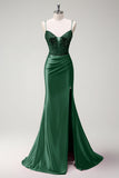 Black Mermaid Beaded Corset Satin Long Prom Dress with Slit